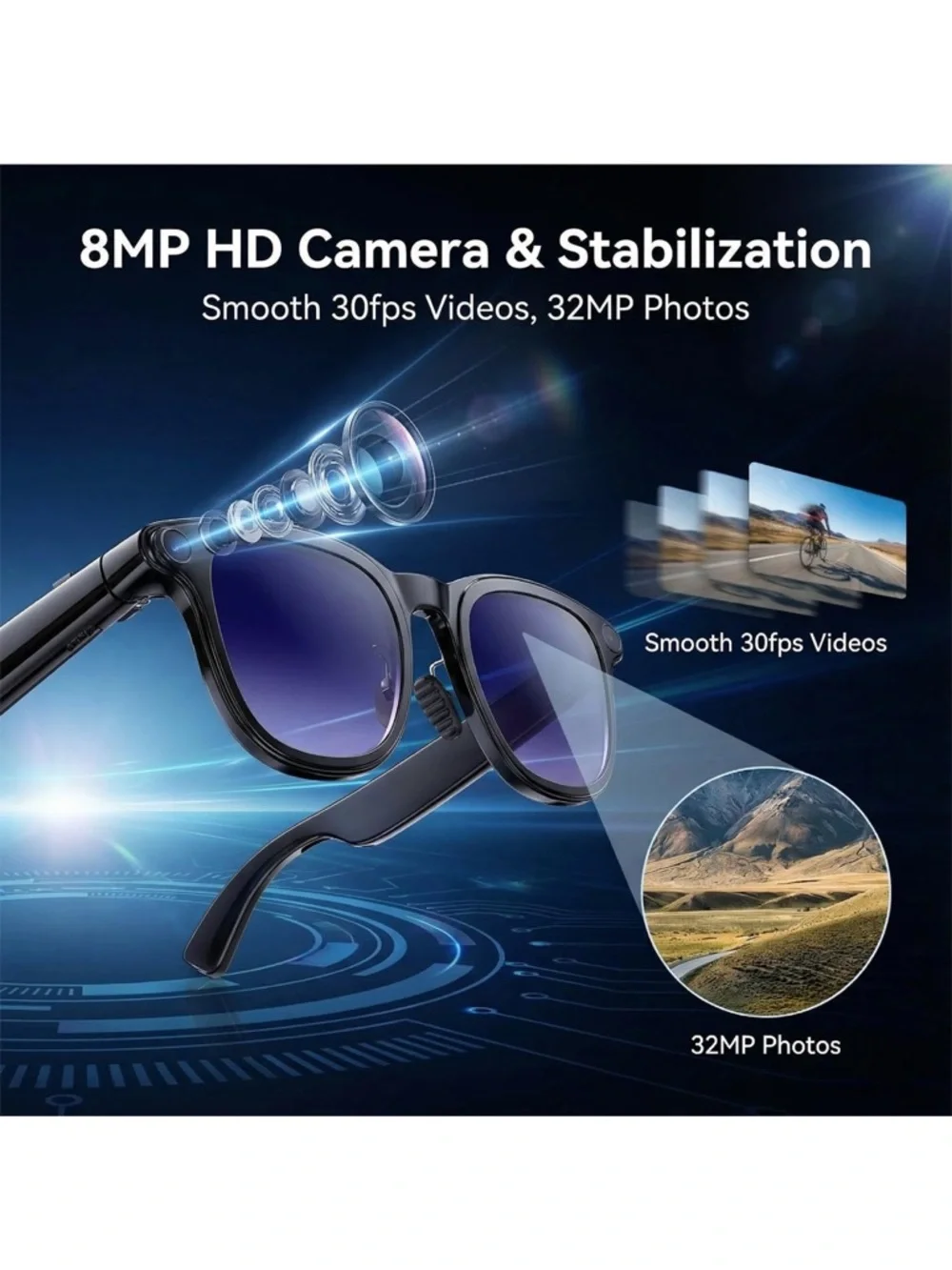 AI smart Glasses with camera, 8MP HD Bluetooth camera glasses 1080P video record